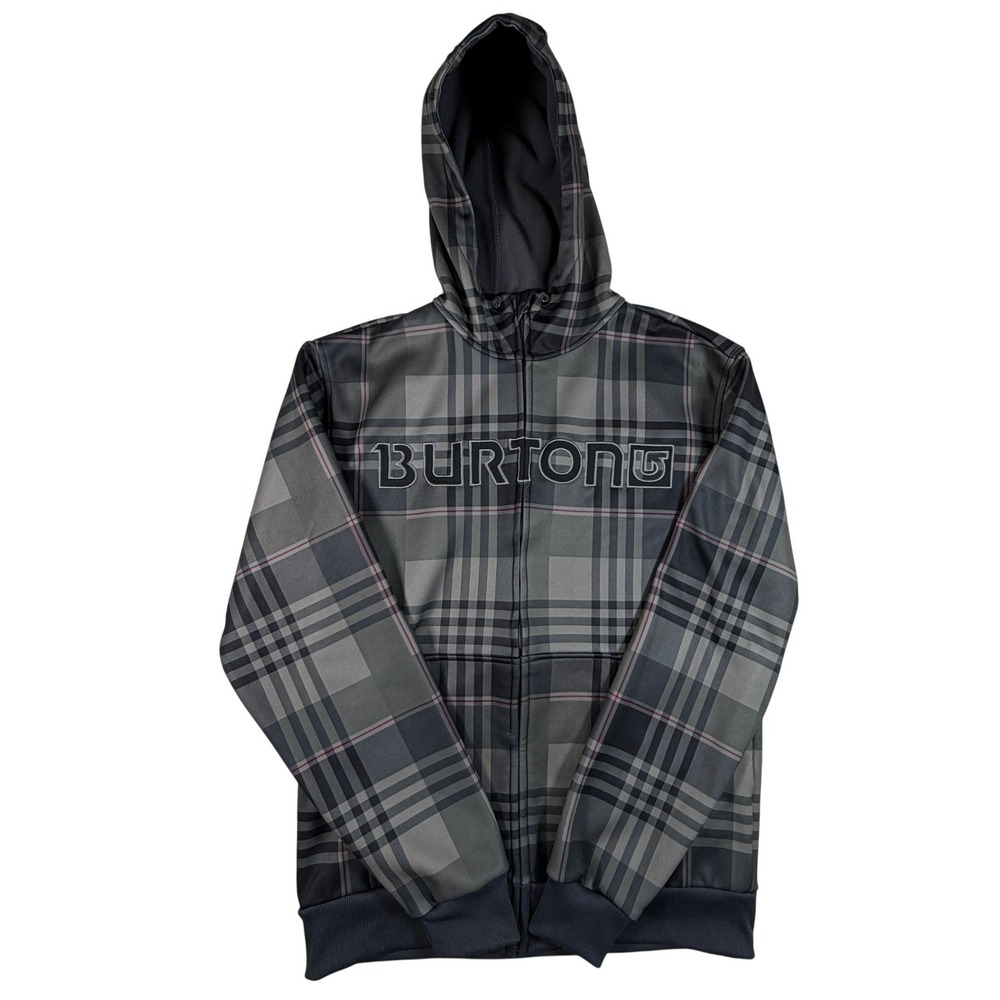 Burton Dryride Mens Medium Grey Plaid Full Zip Hoodie Embroidered Logo Fleece
